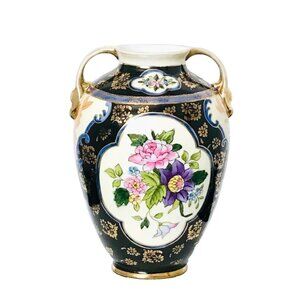 Noritake Gold Guilt Handled Vase Hand Painted Floral Pottery Japan Black 7"